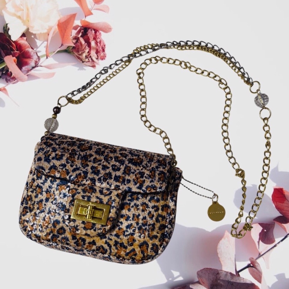 Big Buddha Leopard Print Chain Strap Crossbody Bag. Animal Print Sequin Purse